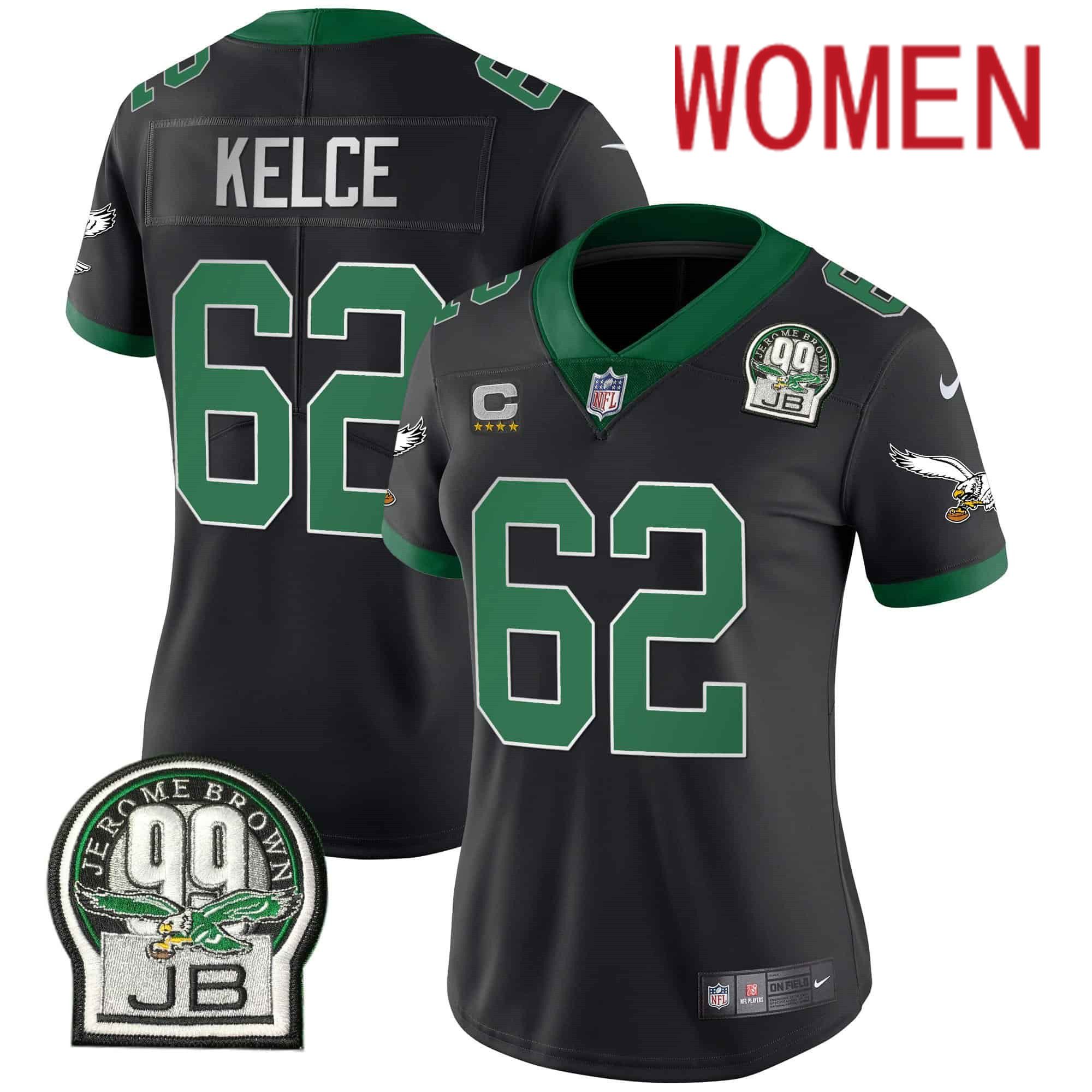 Women Philadelphia Eagles #62 Kelce Black 2024 Nike Jerome Brown Patch Alternate Limited NFL Jersey style 1->women nfl jersey->Women Jersey